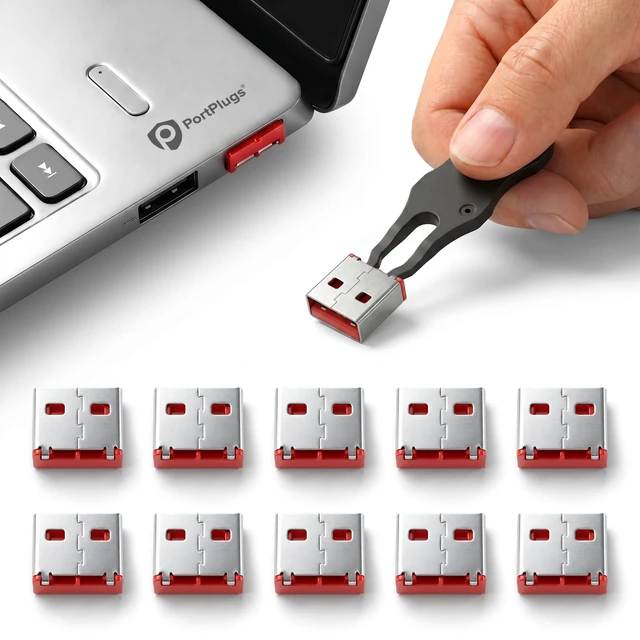 Alt view image 2 of 7 - USB A Port Blockers 10 Pack, Two Point Zinc Alloy Locks, 1 Key, Red
