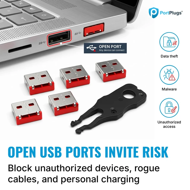 Alt view image 4 of 7 - USB A Port Blockers 10 Pack, Two Point Zinc Alloy Locks, 1 Key, Red