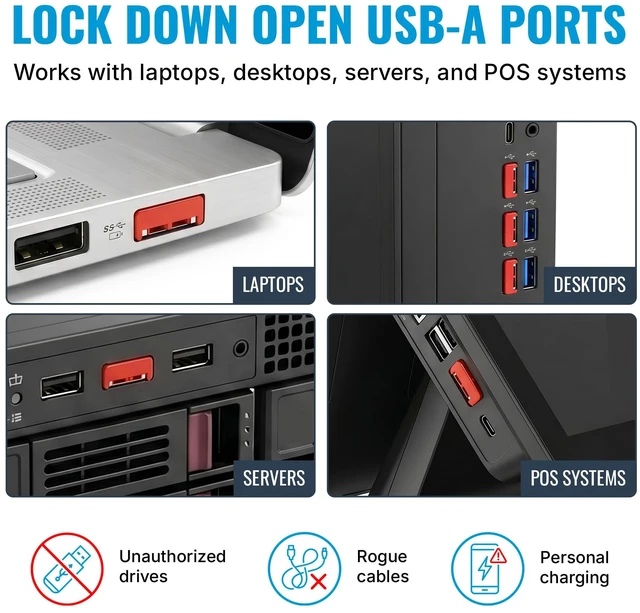 Main image of USB A Port Blockers 10 Pack, Two Point Zinc Alloy Locks, 1 Key, Red