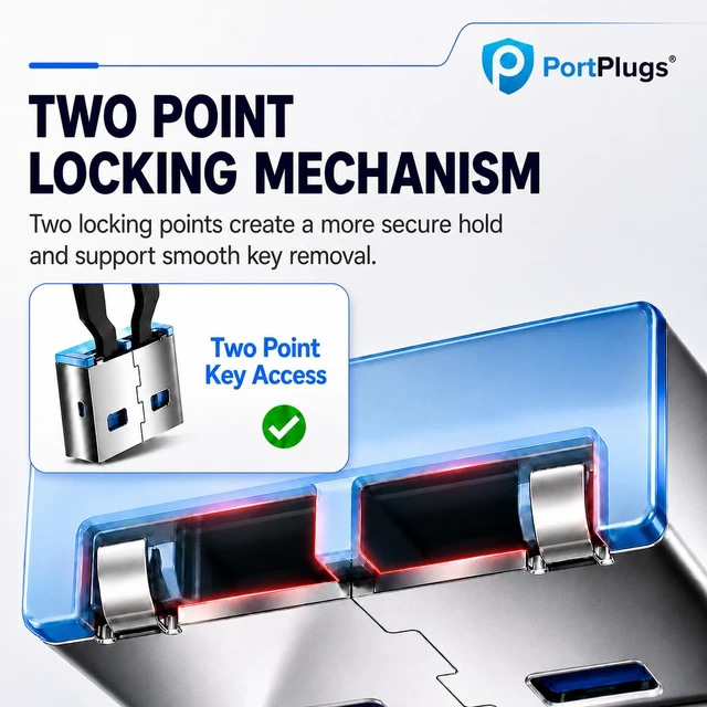 Alt view image 5 of 7 - USB A Port Blockers 25 Pack, Two Point Zinc Alloy Locks, 2 Keys, Black