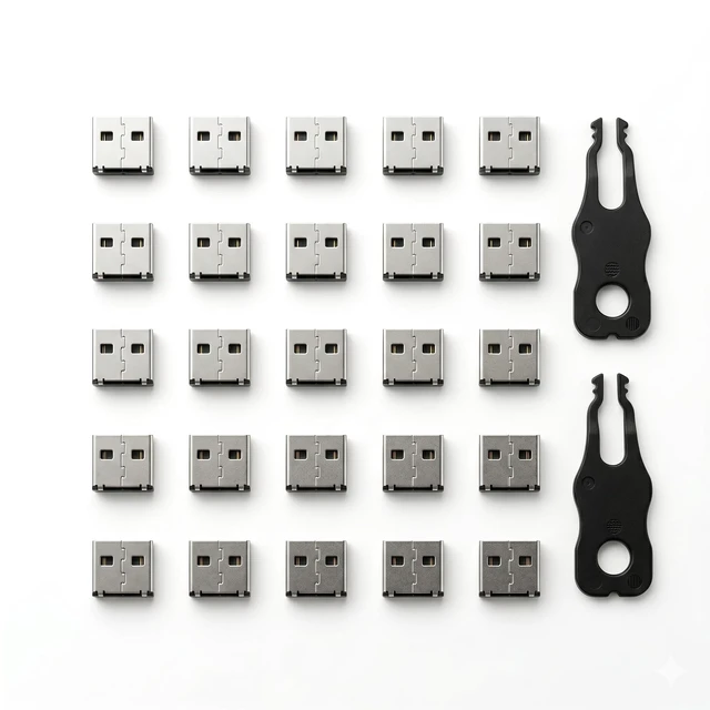 Main image of USB A Port Blockers 25 Pack, Two Point Zinc Alloy Locks, 2 Keys, Black
