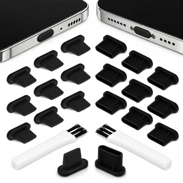 Alt view image 2 of 7 - PortPlugs Dust Plug Bundle Set, 20 Anti-Dust Plugs with 2 Cleaning Brushes, Compatible with Lightning and USB-C Ports - Black