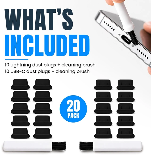 Alt view image 3 of 7 - PortPlugs Dust Plug Bundle Set, 20 Anti-Dust Plugs with 2 Cleaning Brushes, Compatible with Lightning and USB-C Ports - Black