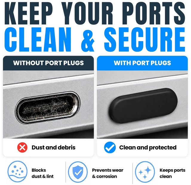 Main image of PortPlugs Dust Plug Bundle Set, 20 Anti-Dust Plugs with 2 Cleaning Brushes, Compatible with Lightning and USB-C Ports - Black