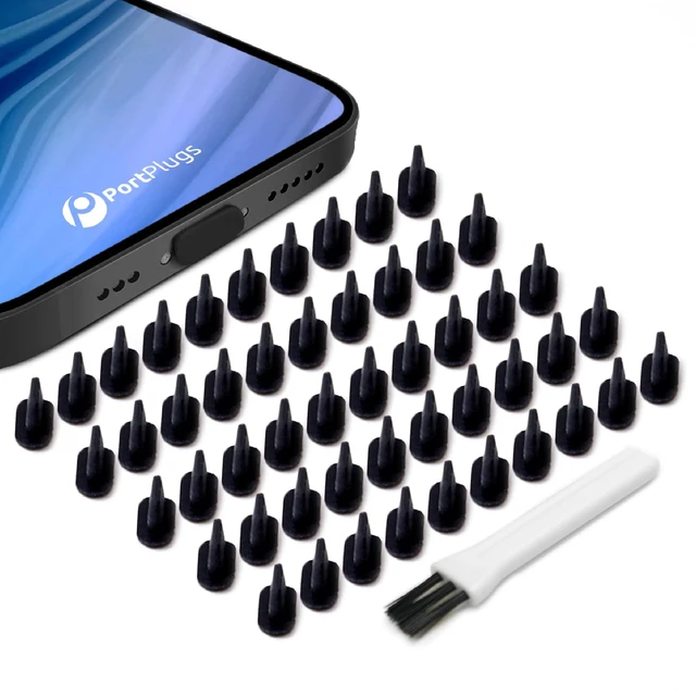 Alt view image 6 of 7 - Lightning Dust Plugs 50 Pack, Curved Bezel Fit with Cleaning Brush, Black