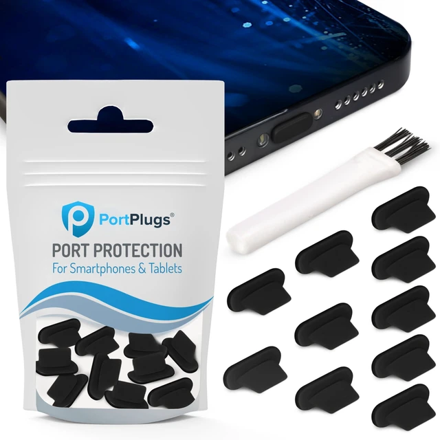 Alt view image 3 of 7 - PortPlugs Lightning Dust Plugs 10 Pack with Cleaning Brush, Low-Profile Port Covers - Black
