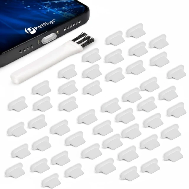 Main image of PortPlugs Lightning Dust Plugs 50 Pack with Cleaning Brush, Low-Profile Port Covers - Clear