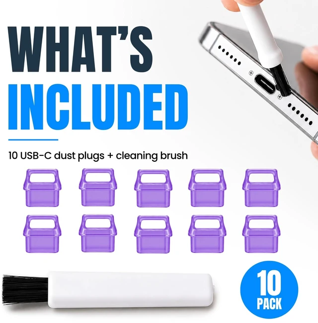 Alt view image 3 of 7 - PortPlugs USB-C Dust Plugs 10 Pack with Easy-Grip Tabs and Cleaning Brush - Purple