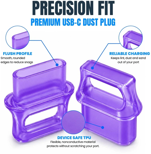 Alt view image 4 of 7 - PortPlugs USB-C Dust Plugs 10 Pack with Easy-Grip Tabs and Cleaning Brush - Purple