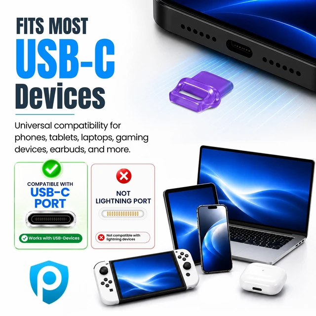 Alt view image 5 of 7 - PortPlugs USB-C Dust Plugs 10 Pack with Easy-Grip Tabs and Cleaning Brush - Purple