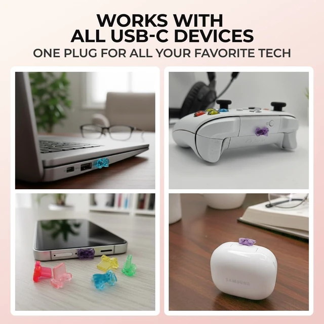 Alt view image 4 of 6 - PortPops Bow USB-C Dust Plugs, 6 Pieces with Cleaning Brush, Decorative Charms for USB-C Devices - Assorted Colors