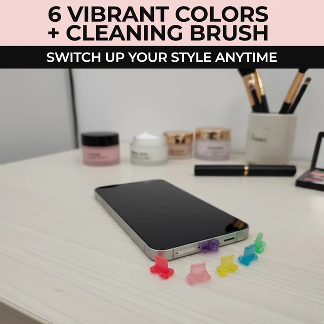 Alt view image 2 of 6 - PortPops Bow USB-C Dust Plugs, 6 Pieces with Cleaning Brush, Decorative Charms for USB-C Devices - Assorted Colors