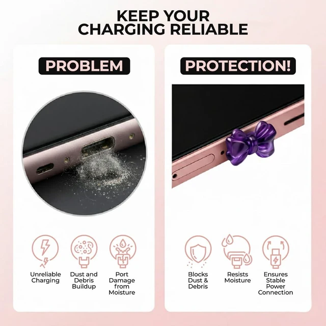 Alt view image 3 of 6 - PortPops Bow USB-C Dust Plugs, 6 Pieces with Cleaning Brush, Decorative Charms for USB-C Devices - Assorted Colors