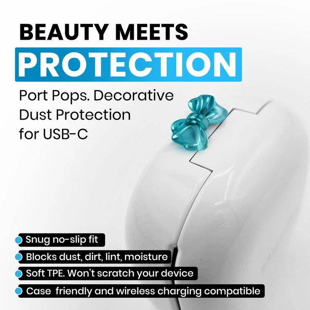 Main image of PortPops Bow USB-C Dust Plugs, 6 Pieces with Cleaning Brush, Decorative Charms for USB-C Devices - Assorted Colors