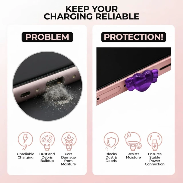 Main image of PortPops Heart USB-C Dust Plugs, 6 Pieces with Cleaning Brush, Decorative Charms for USB-C Devices - Assorted Colors
