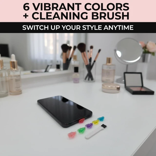 Alt view image 4 of 6 - PortPops Heart USB-C Dust Plugs, 6 Pieces with Cleaning Brush, Decorative Charms for USB-C Devices - Assorted Colors