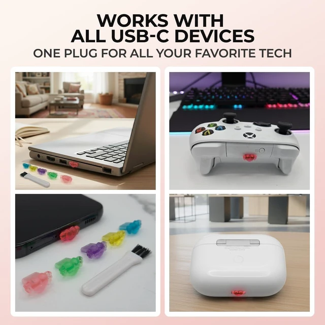 Alt view image 6 of 6 - PortPops Heart USB-C Dust Plugs, 6 Pieces with Cleaning Brush, Decorative Charms for USB-C Devices - Assorted Colors