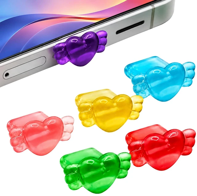 Alt view image 5 of 6 - PortPops Heart USB-C Dust Plugs, 6 Pieces with Cleaning Brush, Decorative Charms for USB-C Devices - Assorted Colors