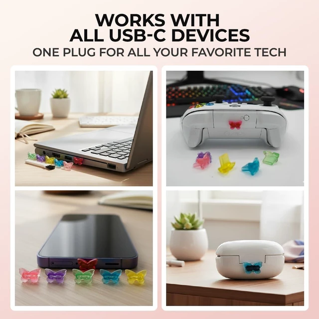 Alt view image 6 of 6 - PortPops Butterfly USB-C Dust Plugs, 6 Pieces with Cleaning Brush, Colorful Decorative Charms for USB-C Devices - Assorted Colors