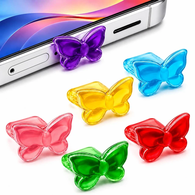 Alt view image 5 of 6 - PortPops Butterfly USB-C Dust Plugs, 6 Pieces with Cleaning Brush, Colorful Decorative Charms for USB-C Devices - Assorted Colors