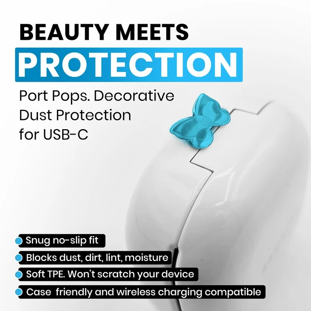 Alt view image 4 of 6 - PortPops Butterfly USB-C Dust Plugs, 6 Pieces with Cleaning Brush, Colorful Decorative Charms for USB-C Devices - Assorted Colors