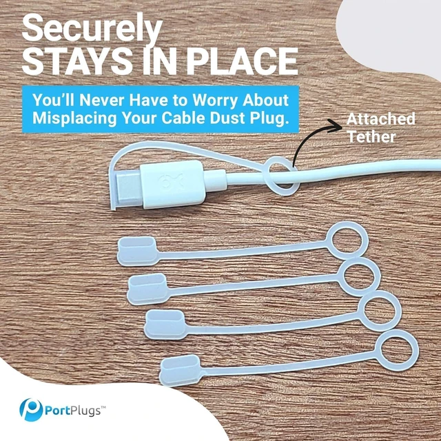 Alt view image 6 of 6 - PortPlugs USB-C Cable Dust Caps, 10 Pieces with Integrated Tether, Compatible with Most USB-C Cables - Clear