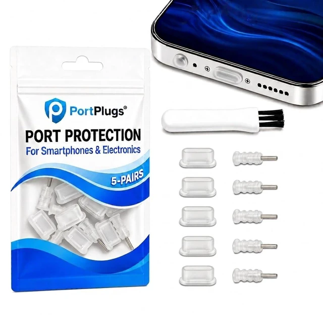 Alt view image 5 of 5 - PortPlugs USB-C and 3.5mm Dust Plugs, 5 Pairs with SIM Tool and Cleaning Brush, Compatible with USB-C Ports and Headphone Jacks - Clear
