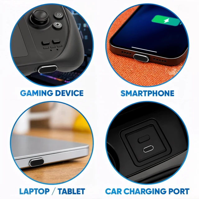 Alt view image 6 of 7 - PortPlugs USB-C Aluminum Dust Plugs 5 Pack with Cleaning Brush and Cord Clips - Black