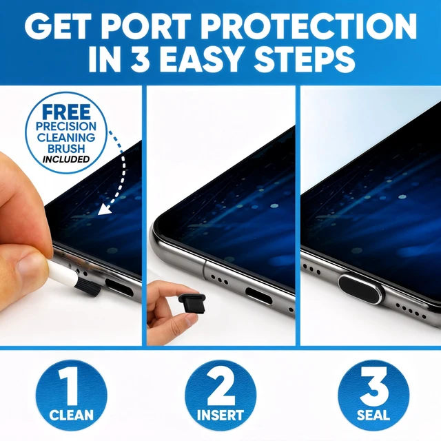 Alt view image 2 of 7 - PortPlugs USB-C Aluminum Dust Plugs 5 Pack with Cleaning Brush and Cord Clips - Black