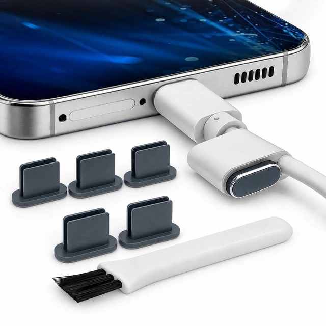 Alt view image 4 of 7 - PortPlugs USB-C Aluminum Dust Plugs 5 Pack with Cleaning Brush and Cord Clips -Grey