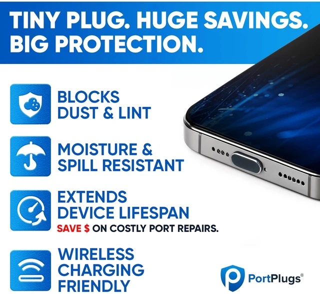 Alt view image 3 of 7 - PortPlugs USB-C Aluminum Dust Plugs 5 Pack with Cleaning Brush and Cord Clips -Grey