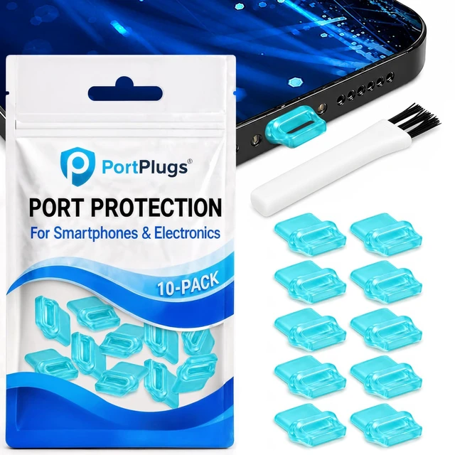 Alt view image 2 of 7 - PortPlugs USB-C Dust Plugs, 10 Pack, Easy-Grip Tabs, with Cleaning Brush - Blue