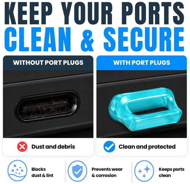 Alt view image 5 of 7 - PortPlugs USB-C Dust Plugs, 10 Pack, Easy-Grip Tabs, with Cleaning Brush - Blue