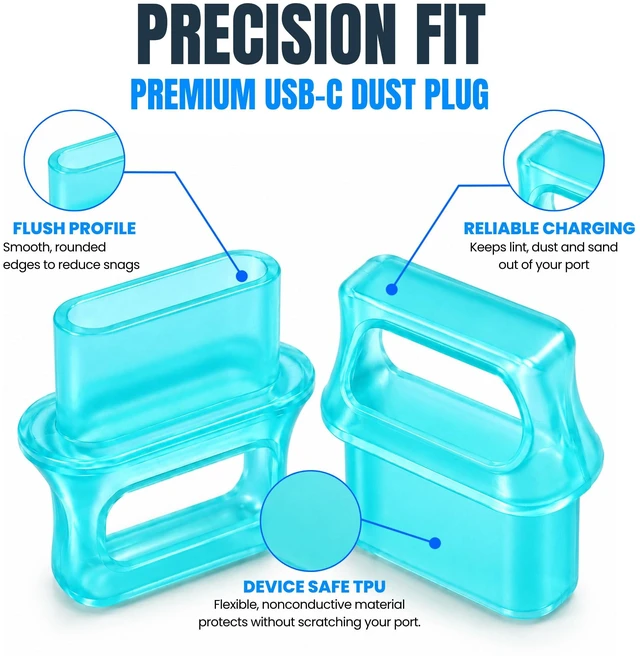Main image of PortPlugs USB-C Dust Plugs, 10 Pack, Easy-Grip Tabs, with Cleaning Brush - Blue