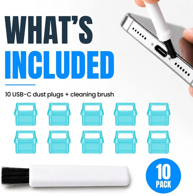 Alt view image 3 of 7 - PortPlugs USB-C Dust Plugs, 10 Pack, Easy-Grip Tabs, with Cleaning Brush - Blue