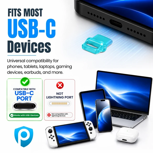 Alt view image 4 of 7 - PortPlugs USB-C Dust Plugs, 10 Pack, Easy-Grip Tabs, with Cleaning Brush - Blue