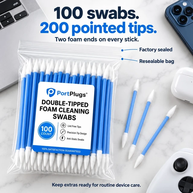 Alt view image 7 of 7 - PortPlugs Double-Tipped Precision Foam Cleaning Swabs, 100 Pack, Lint-Free, for Electronics, Smartphones, USB-C Ports - Tablets & Earbuds