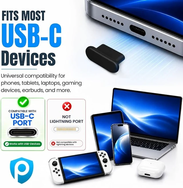 Alt view image 2 of 7 - PortPlugs USB-C Dust Plugs 50 Pack with Cleaning Brush, Charging Port Covers - Black