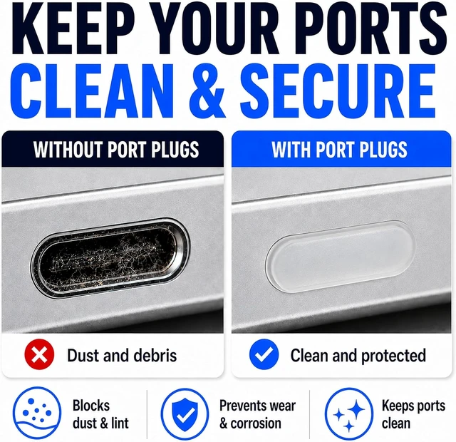 Alt view image 2 of 7 - PortPlugs USB-C Dust Plugs 20-Pack, Black & Clear, Charging Port Protectors with Cleaning Brushes - Compatible with iPhone 15/16/17 - Galaxy - Pixel and iPad