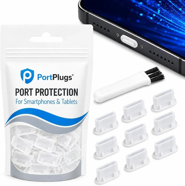 Main image of PortPlugs USB-C Dust Plugs 20-Pack, Black & Clear, Charging Port Protectors with Cleaning Brushes - Compatible with iPhone 15/16/17 - Galaxy - Pixel and iPad