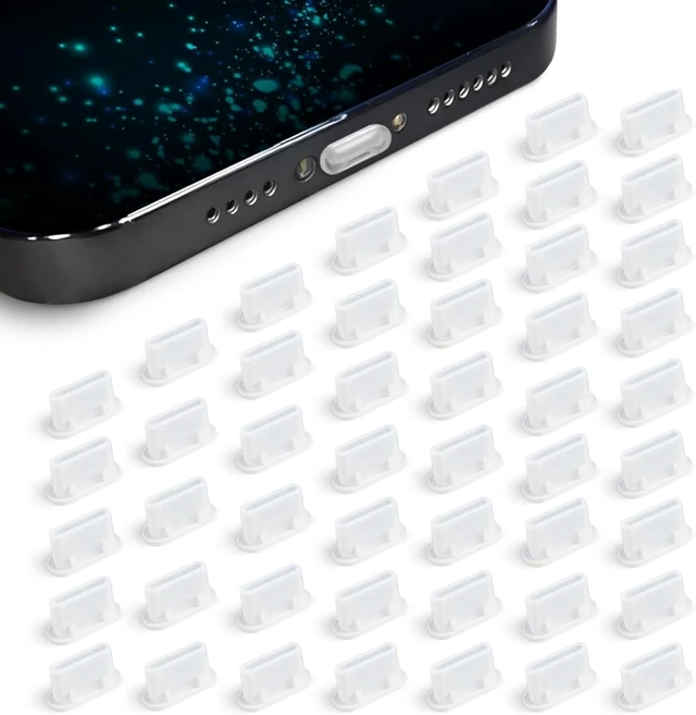 Main image of PortPlugs USB-C Dust Plugs, 50 Pack Clear Charging Port Covers with Cleaning Brush