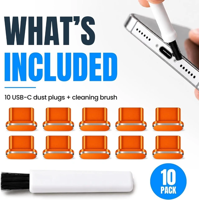 Alt view image 6 of 7 - PortPlugs USB-C Dust Plugs, 10 Pack, 5 Aluminum and 5 Silicone Port Covers with Cleaning Brush -Orange