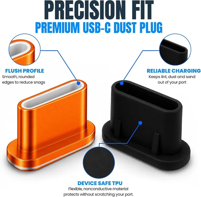 Alt view image 3 of 7 - PortPlugs USB-C Dust Plugs, 10 Pack, 5 Aluminum and 5 Silicone Port Covers with Cleaning Brush -Orange