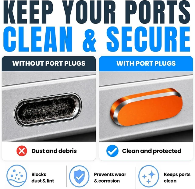 Alt view image 4 of 7 - PortPlugs USB-C Dust Plugs, 10 Pack, 5 Aluminum and 5 Silicone Port Covers with Cleaning Brush -Orange