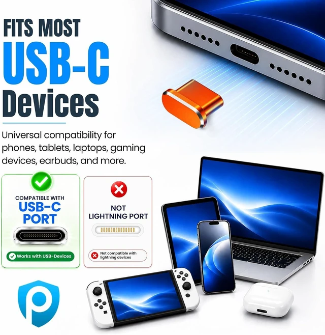 Alt view image 2 of 7 - PortPlugs USB-C Dust Plugs, 10 Pack, 5 Aluminum and 5 Silicone Port Covers with Cleaning Brush -Orange