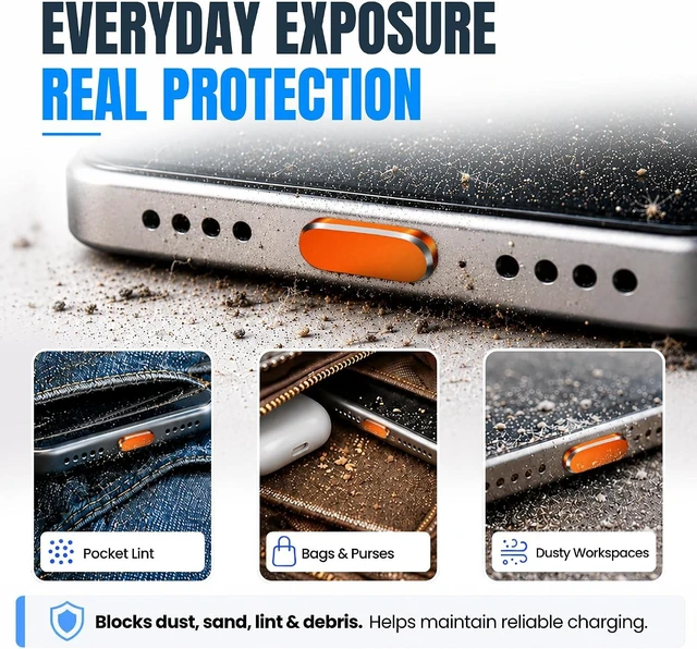 Alt view image 7 of 7 - PortPlugs USB-C Dust Plugs, 10 Pack, 5 Aluminum and 5 Silicone Port Covers with Cleaning Brush -Orange