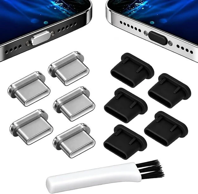 Main image of PortPlugs USB-C Dust Plugs, 10 Pack with 5 Aluminum and 5 Silicone Port Covers, Cleaning Brush - Black