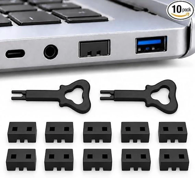 Main image of PortPlugs USB-A Port Blockers, 10 Pack USB Access Security Locks with 2 Dual-Prong Removal Keys - Black