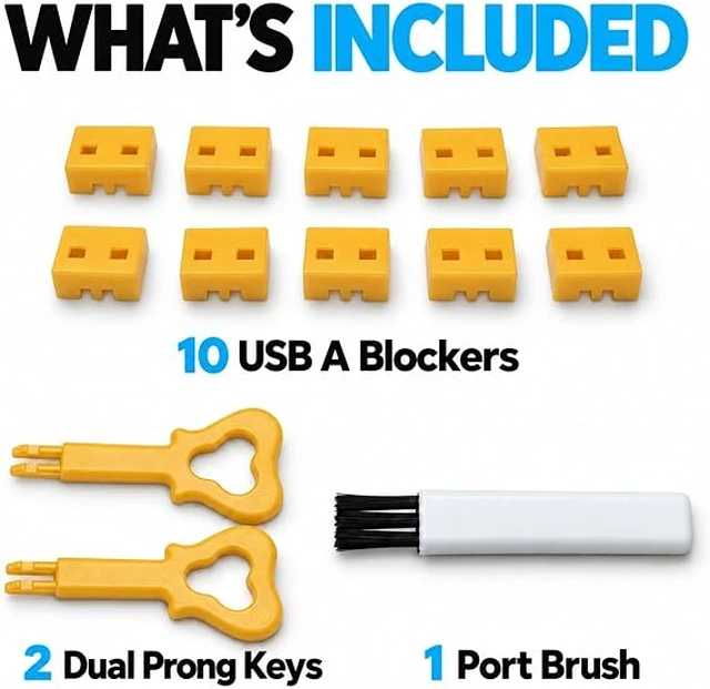Alt view image 3 of 7 - PortPlugs USB-A Port Blockers 10 Pack, USB Access Control with 2 Dual-Prong Keys - Yellow