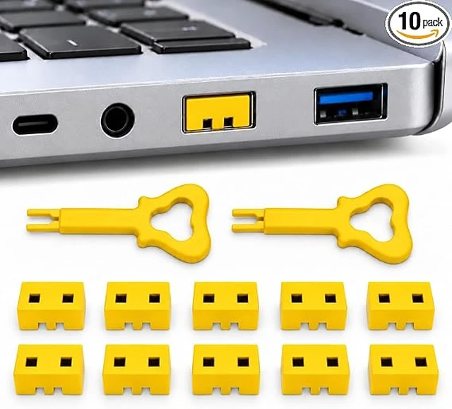 Main image of PortPlugs USB-A Port Blockers 10 Pack, USB Access Control with 2 Dual-Prong Keys - Yellow